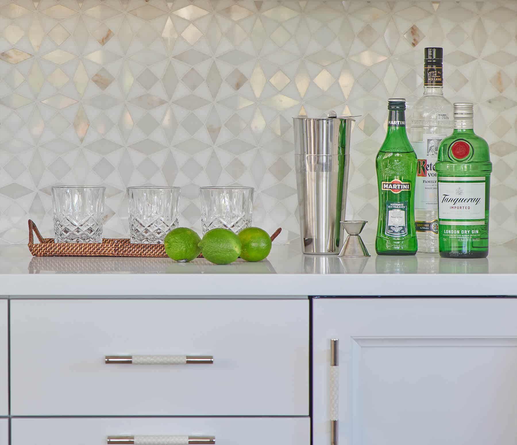 Nantucket, dining room bar cabinet and tile backsplash details