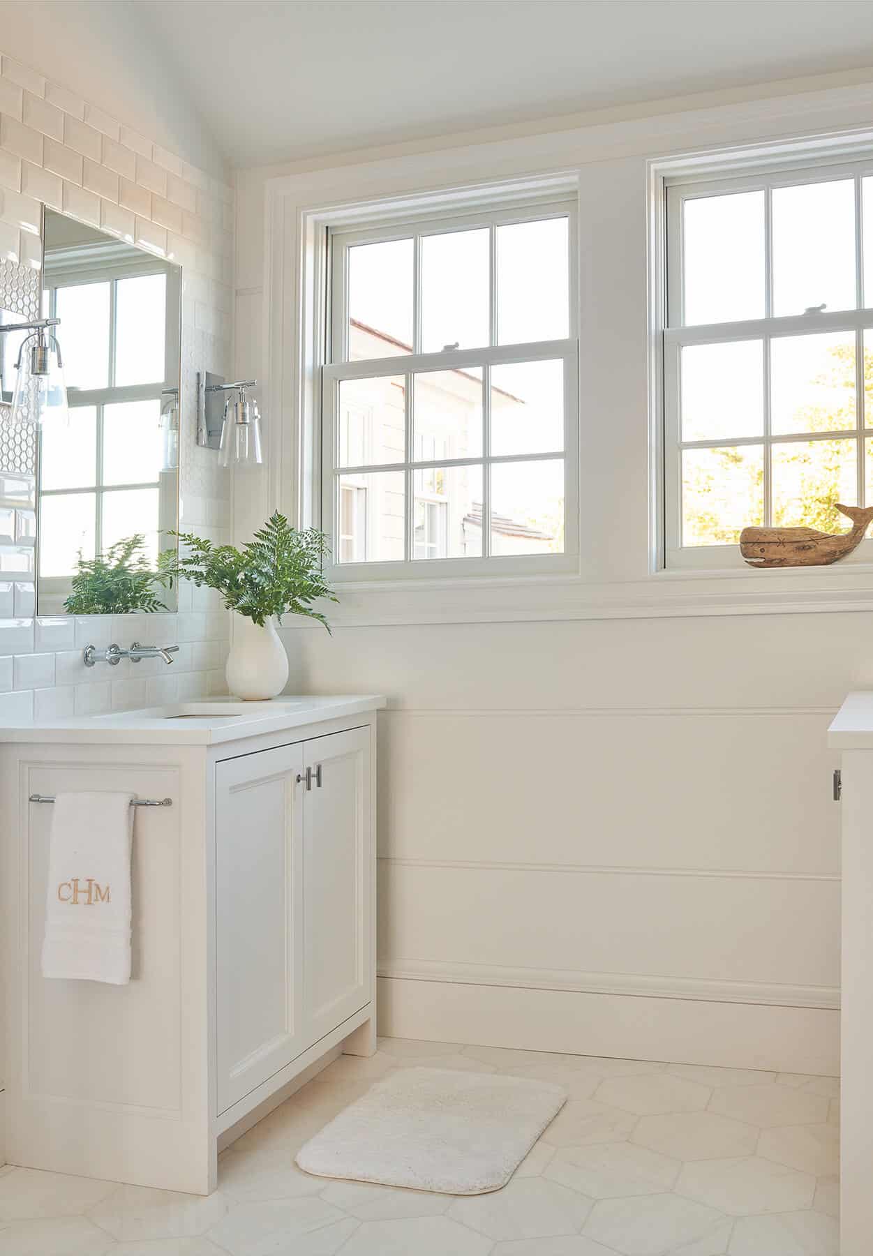 Nantucket, white bathroom vanity with large windows