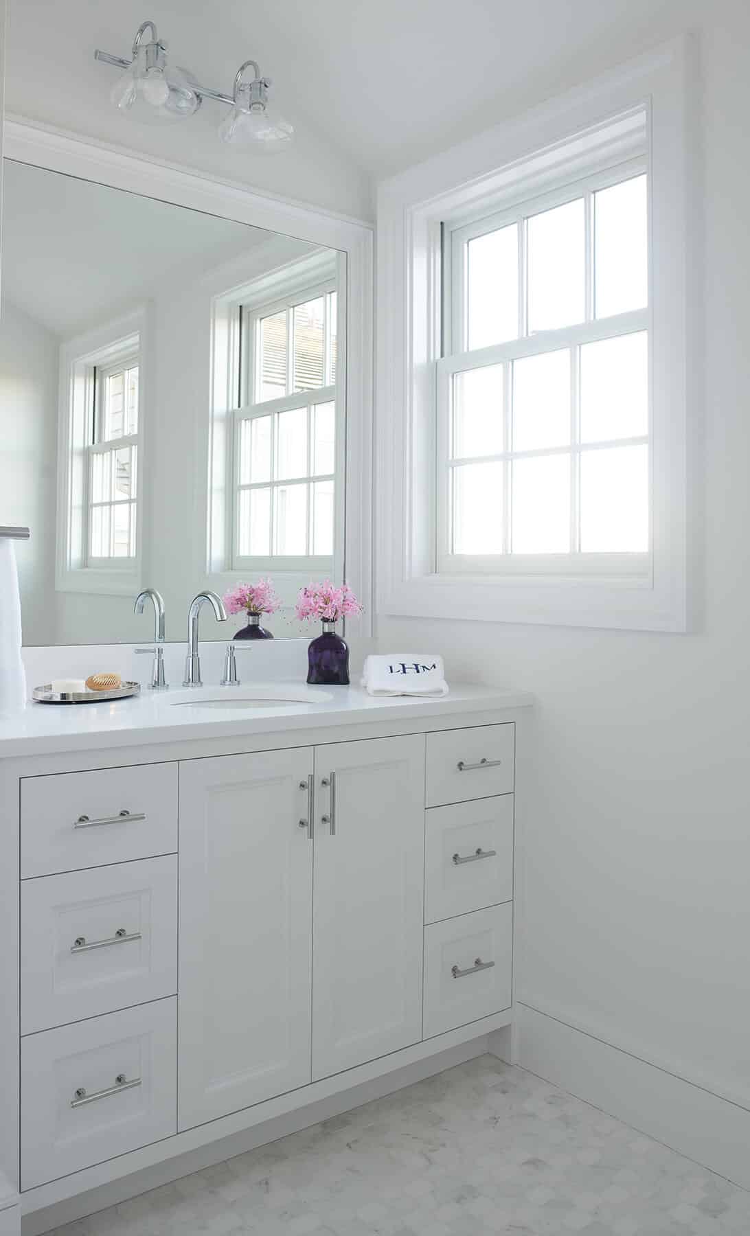Nantucket, white bathroom vanity with mirror