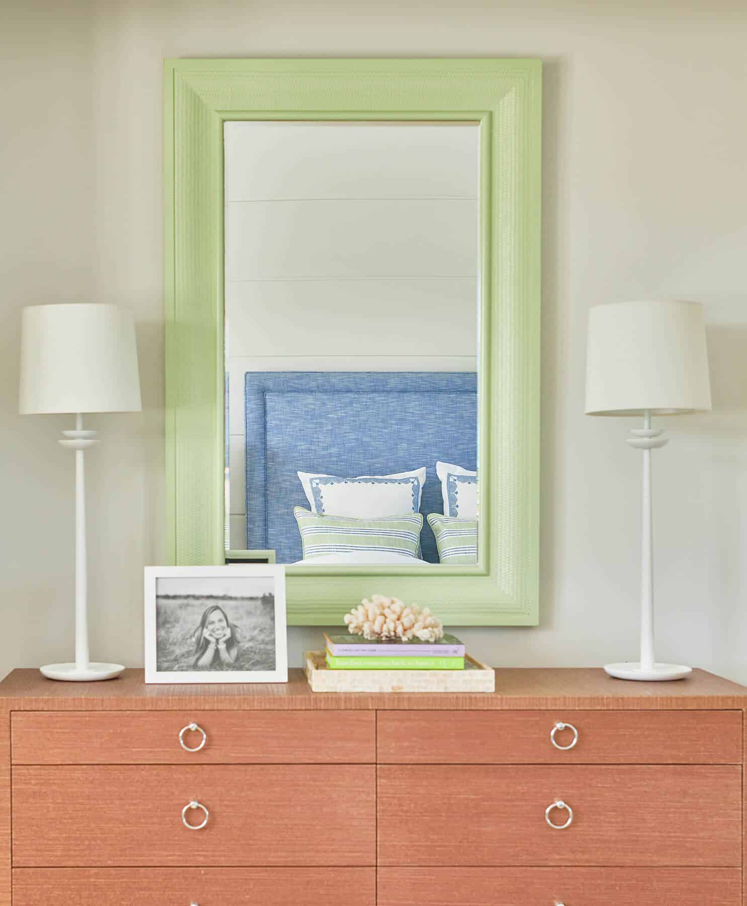 Nantucket, pale blue and green bedroom with dresser and mirror