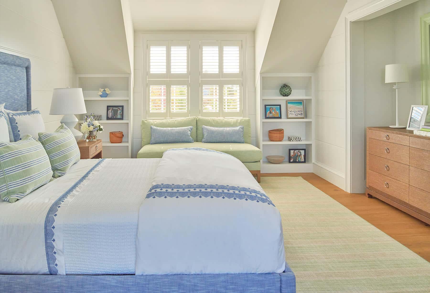 Nantucket, pale blue and green bedroom with couch