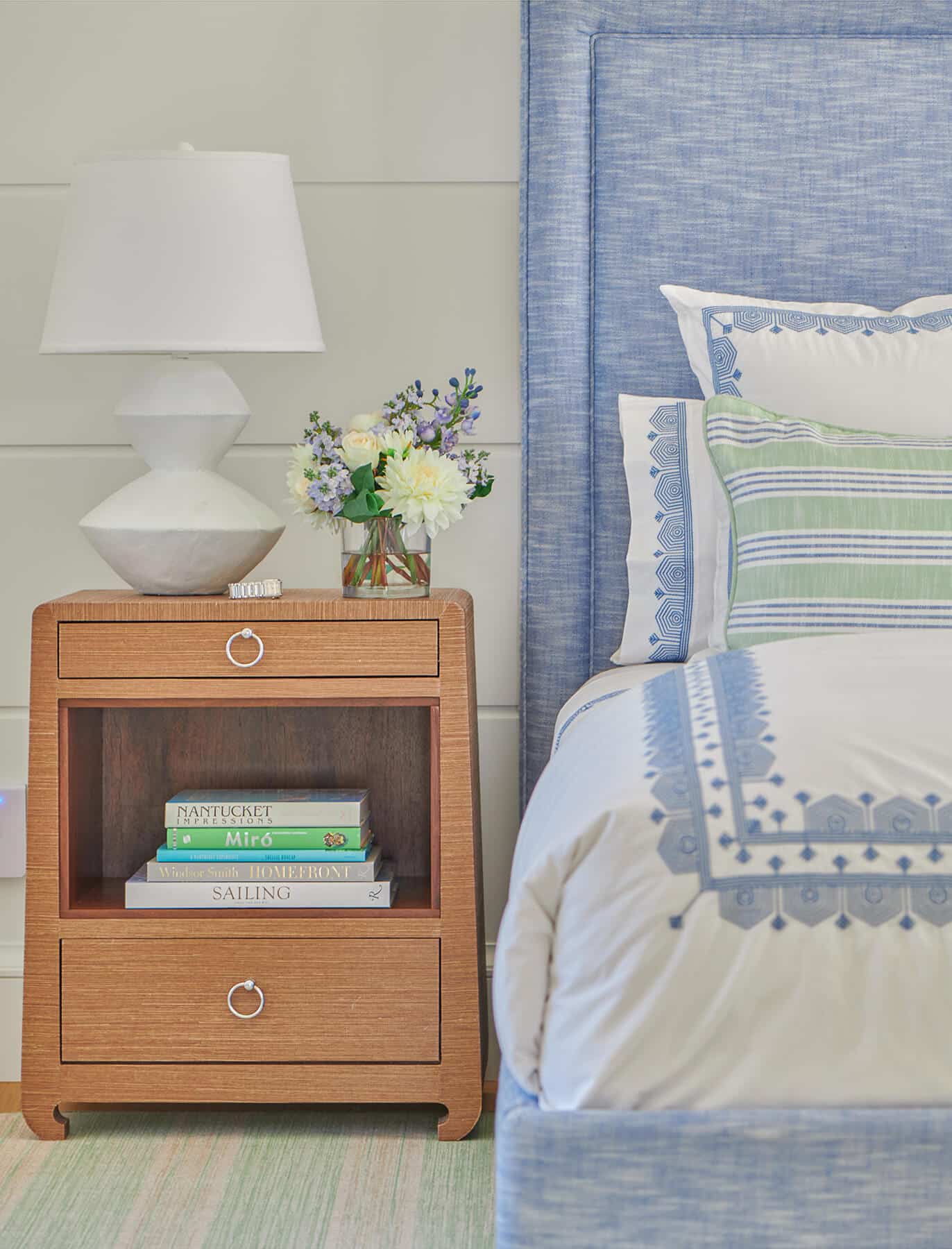 Nantucket, pale blue and green bedroom with side table and bed
