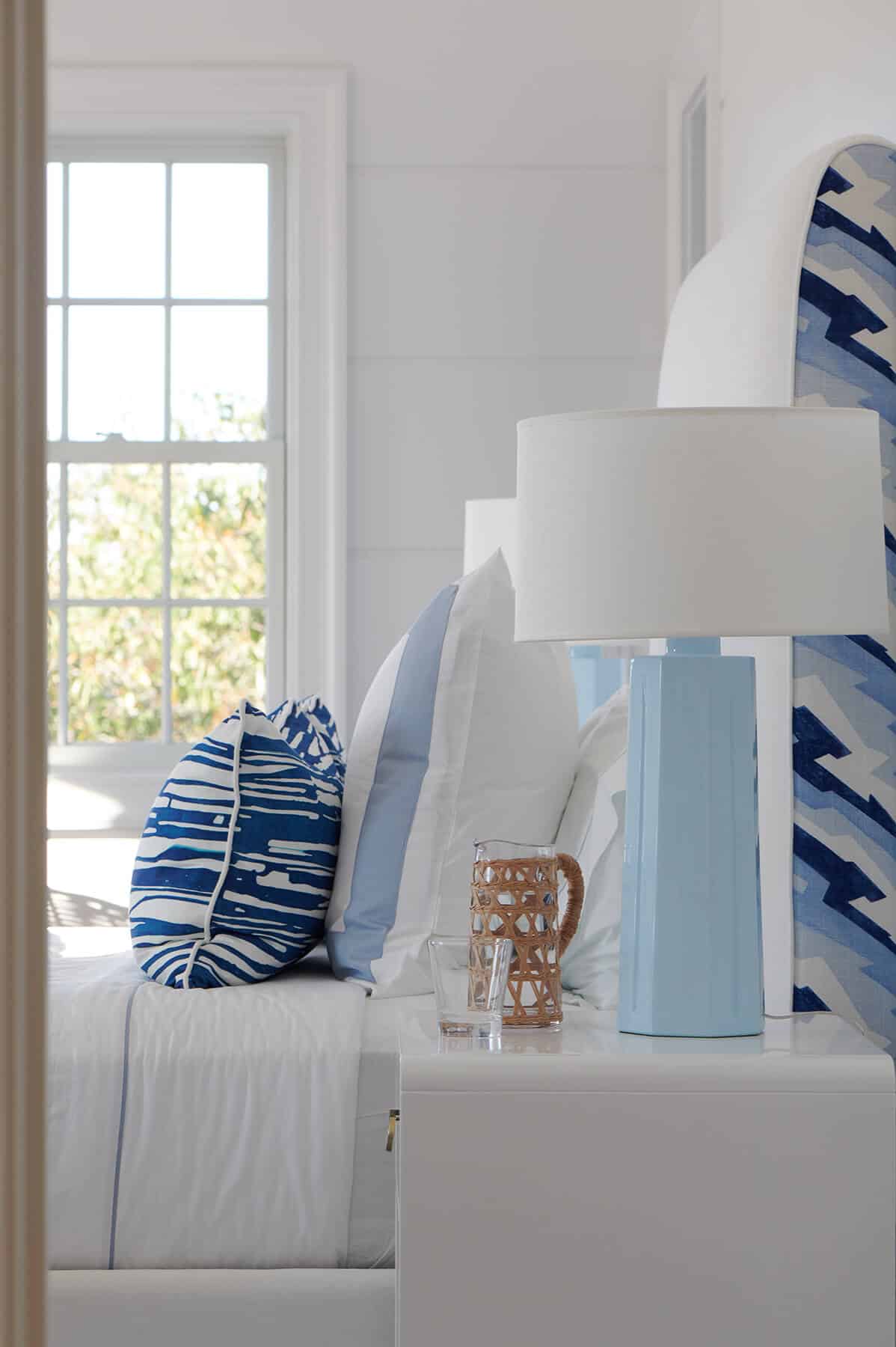 Nantucket, blue and white bedroom seen from the doorway