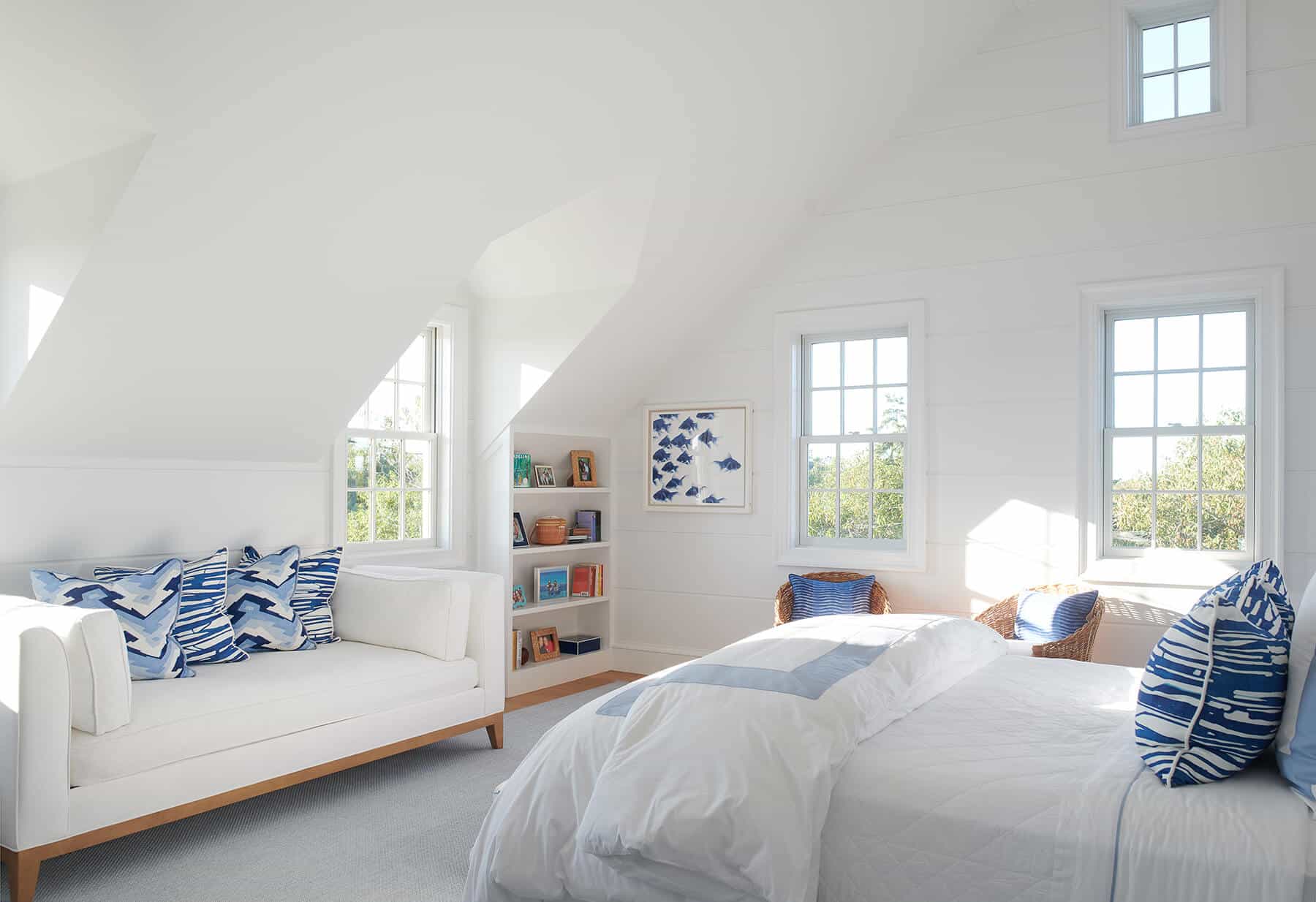Nantucket, blue and white bedroom view with sloped ceiling