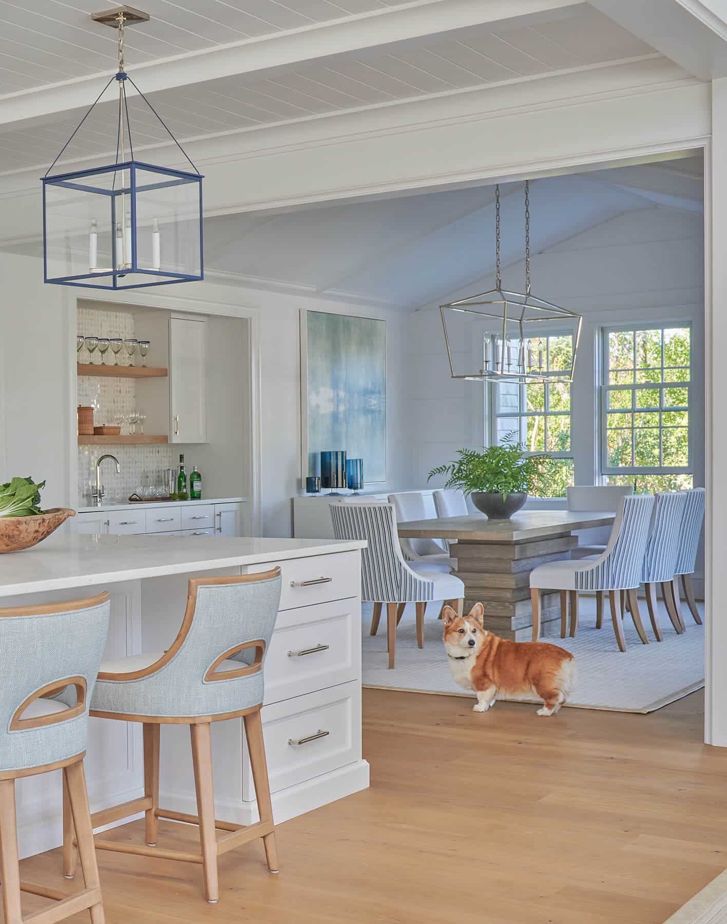 Nantucket, kitchen island with light fixture and dining room with bar