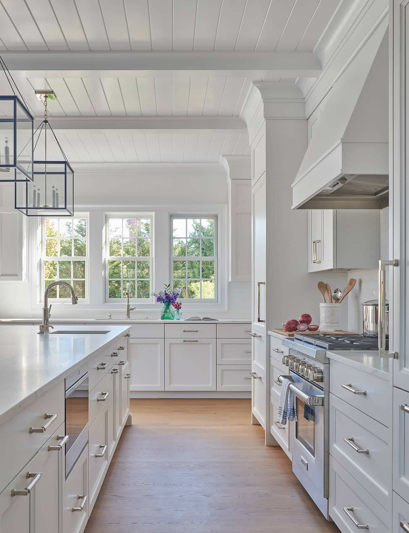 Nantucket, kitchen island and stove with window view