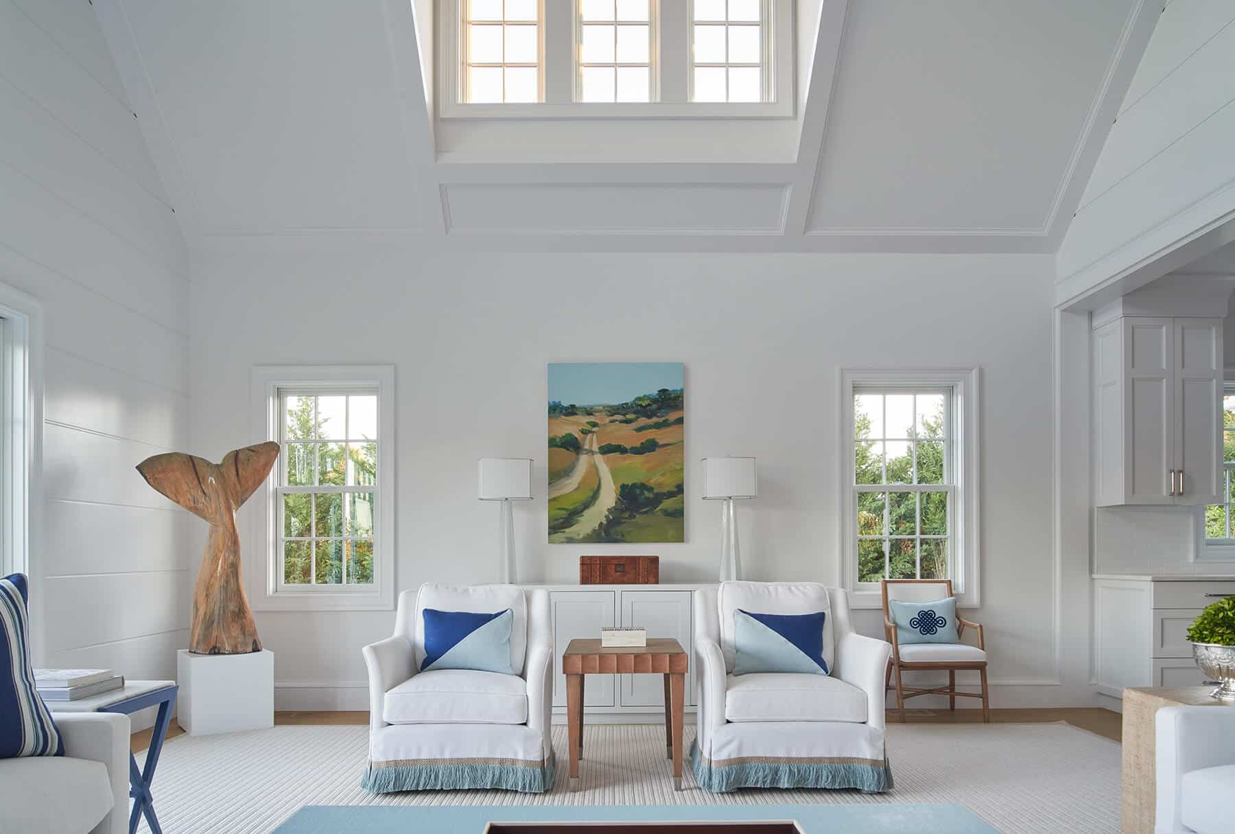 Nantucket, living room with sculpture, painting, and chairs